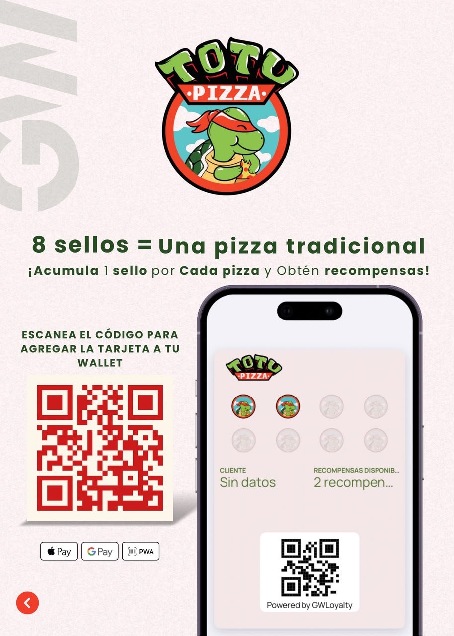 Tarjeta de lealtad Totu Pizza - 8 sellos para una pizza gratis